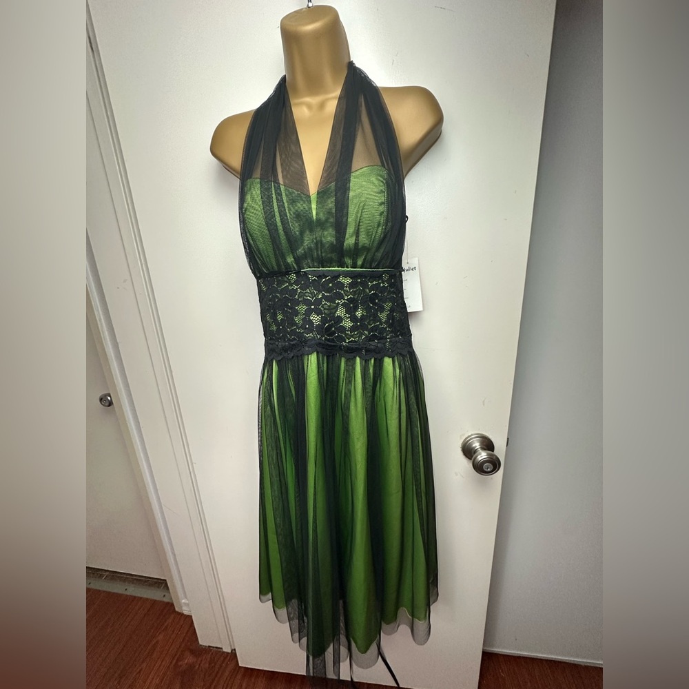 Juliet Black Mesh Overlay Lime Green Vintage Y2K Floral Whimsigoth Dress NWT M - Picture 4 of 16